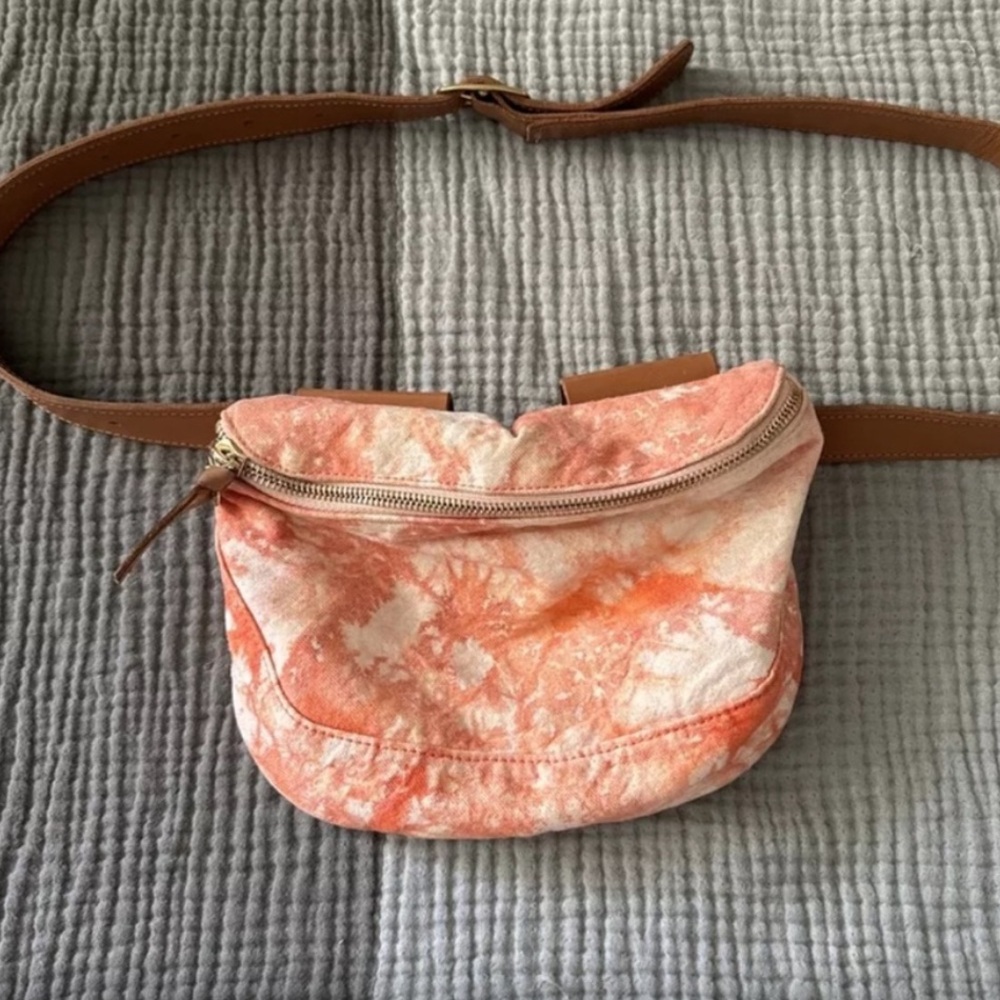 Clare V Canvas Fanny Pack Belt Bag Leather Strap Tie Dye Blood Orange Cloud